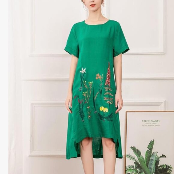 Boho Chic Floral Embroidered Linen Cotton Summer Tunic Dress - Picture 2 of 3